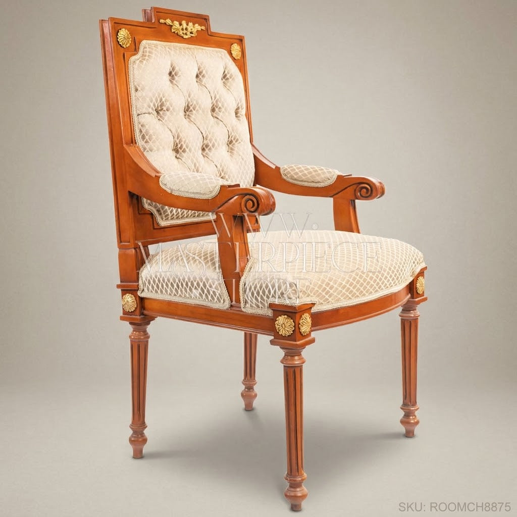 Brass & Wood Louis XVI Dining Chair — With Arms
