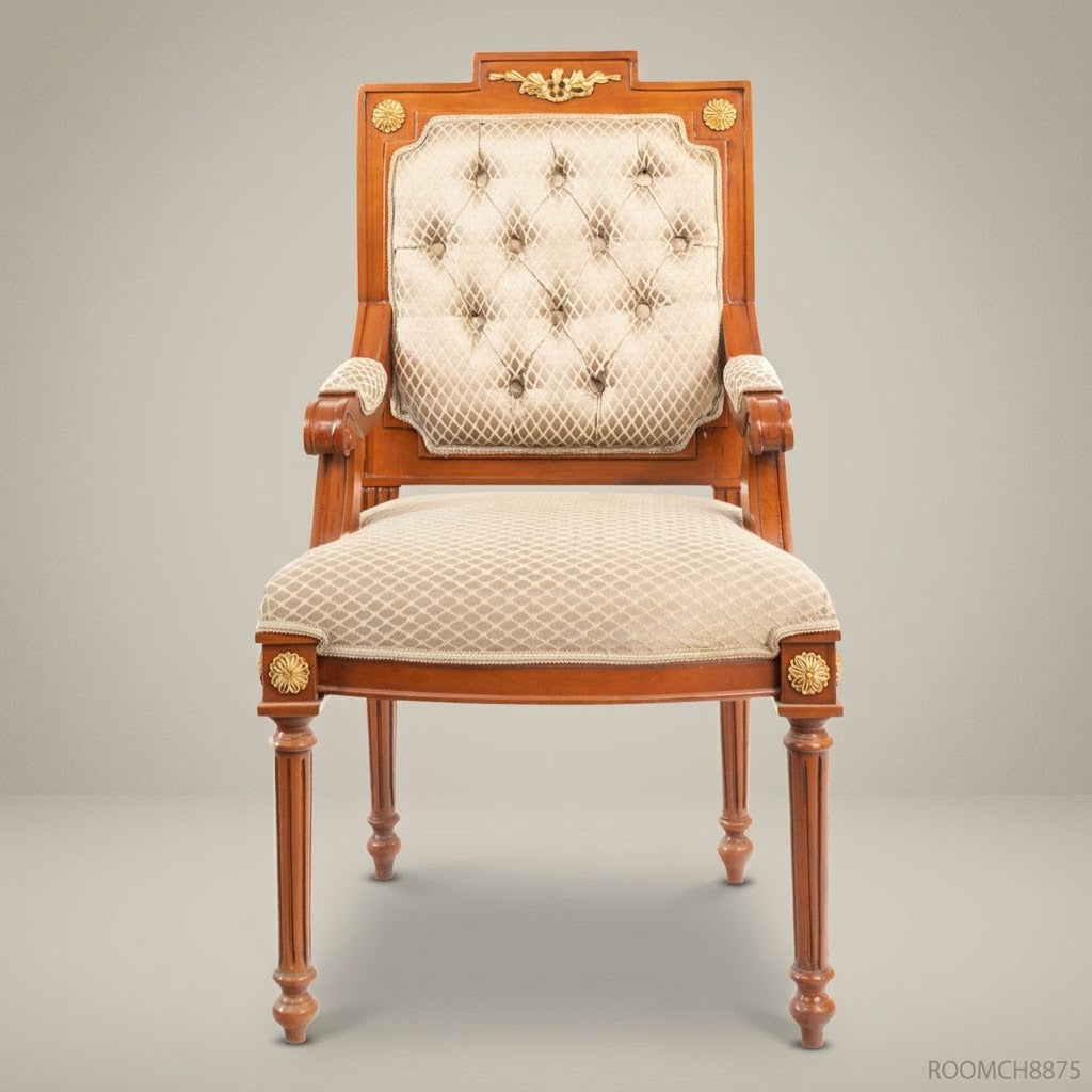 Brass & Wood Louis XVI Dining Chair — With Arms