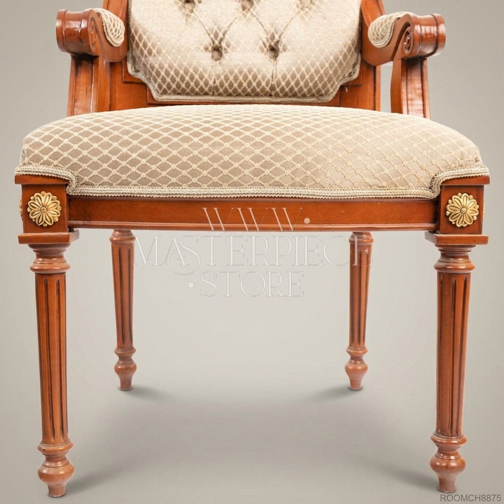 Brass & Wood Louis XVI Dining Chair — With Arms