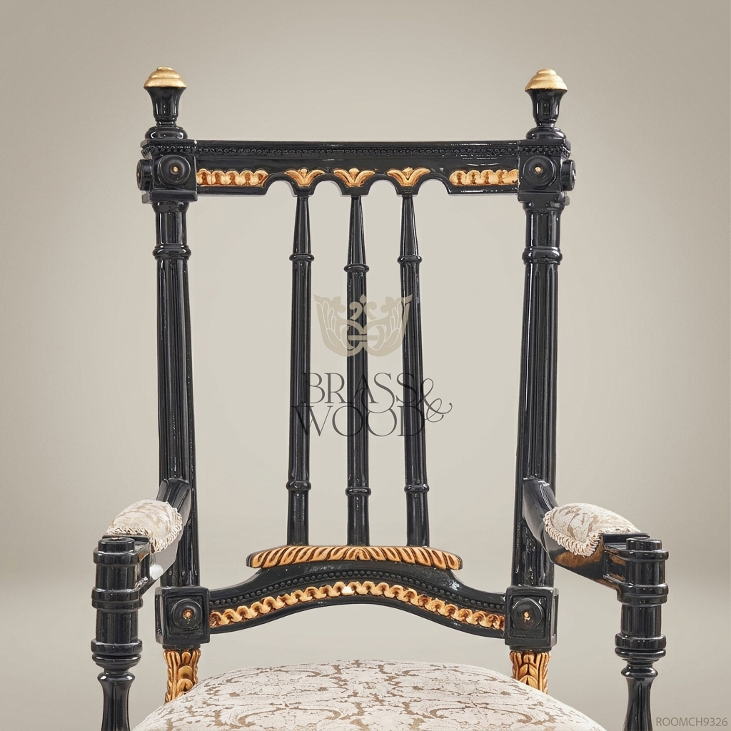 Brass & Wood Napoleon III Ebonized Dining Chair — With Arms