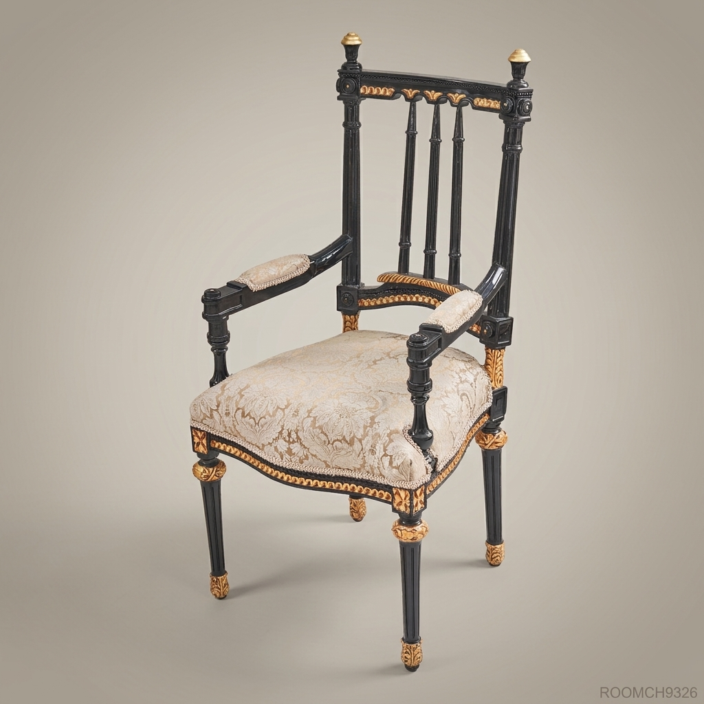 Brass & Wood Napoleon III Ebonized Dining Chair — With Arms