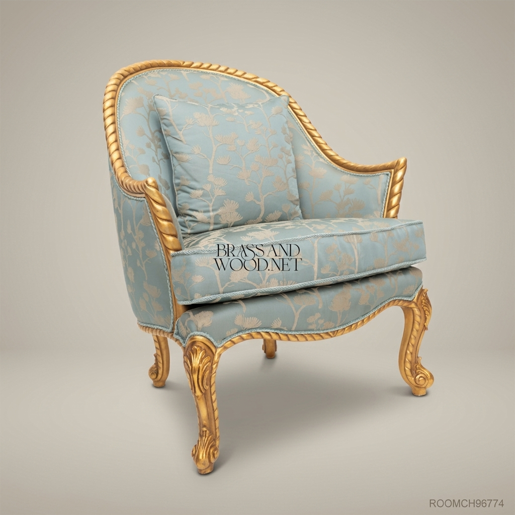Louis XV Gilded Salon Armchair with Floral Jacquard Upholstery