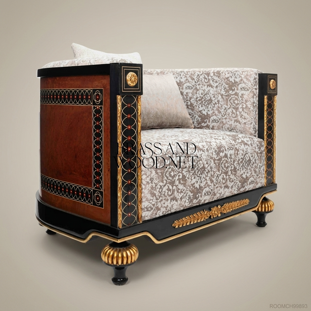 Empire Salon Armchair with Gilt Wood Frame & Damask Upholstery