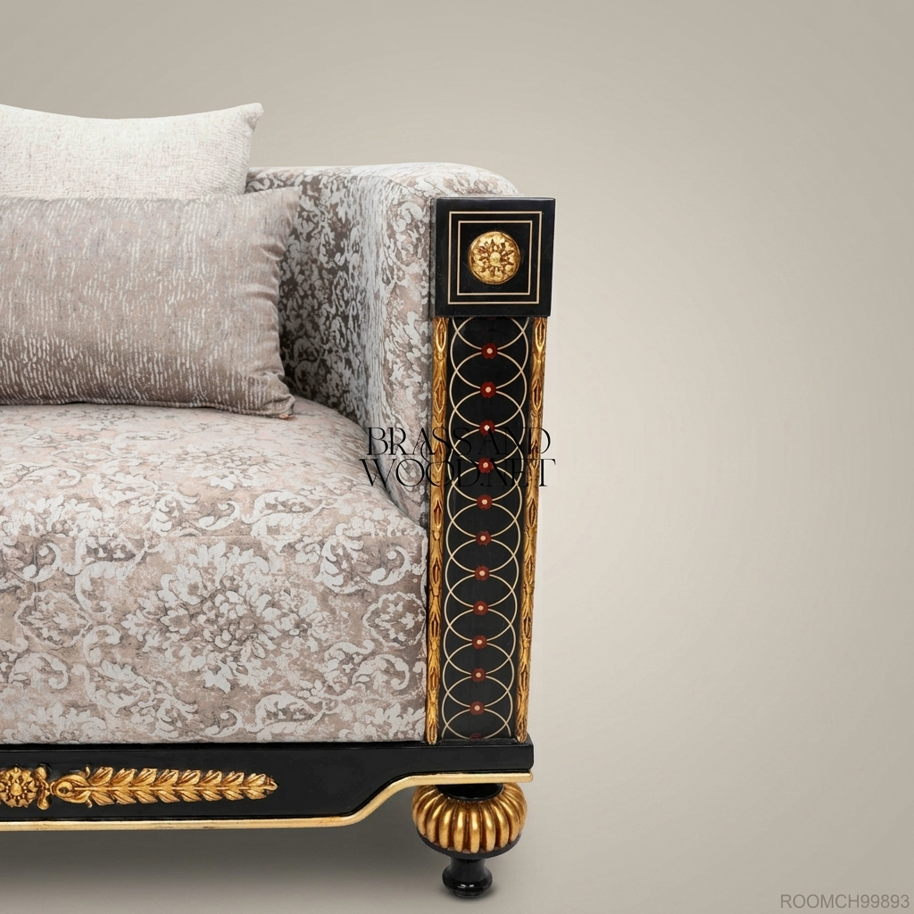 Empire Salon Armchair with Gilt Wood Frame & Damask Upholstery