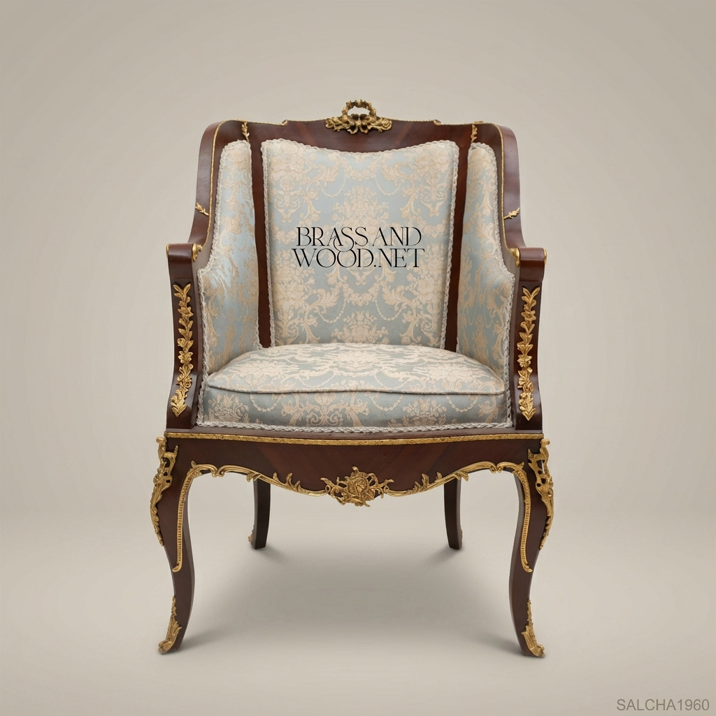 Louis XV Bergère Salon Chair with Gilt Bronze Mounts & Damask Upholstery