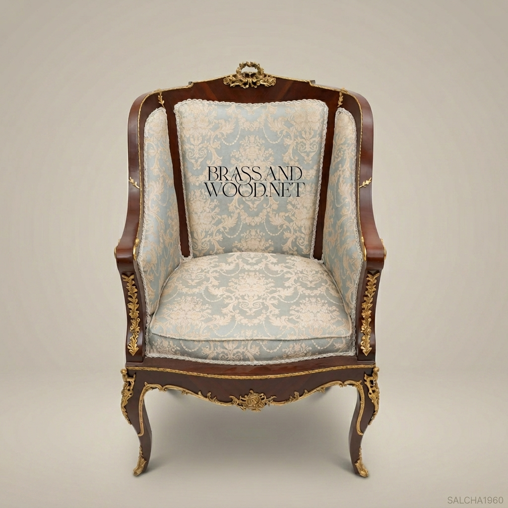 Louis XV Bergère Salon Chair with Gilt Bronze Mounts & Damask Upholstery