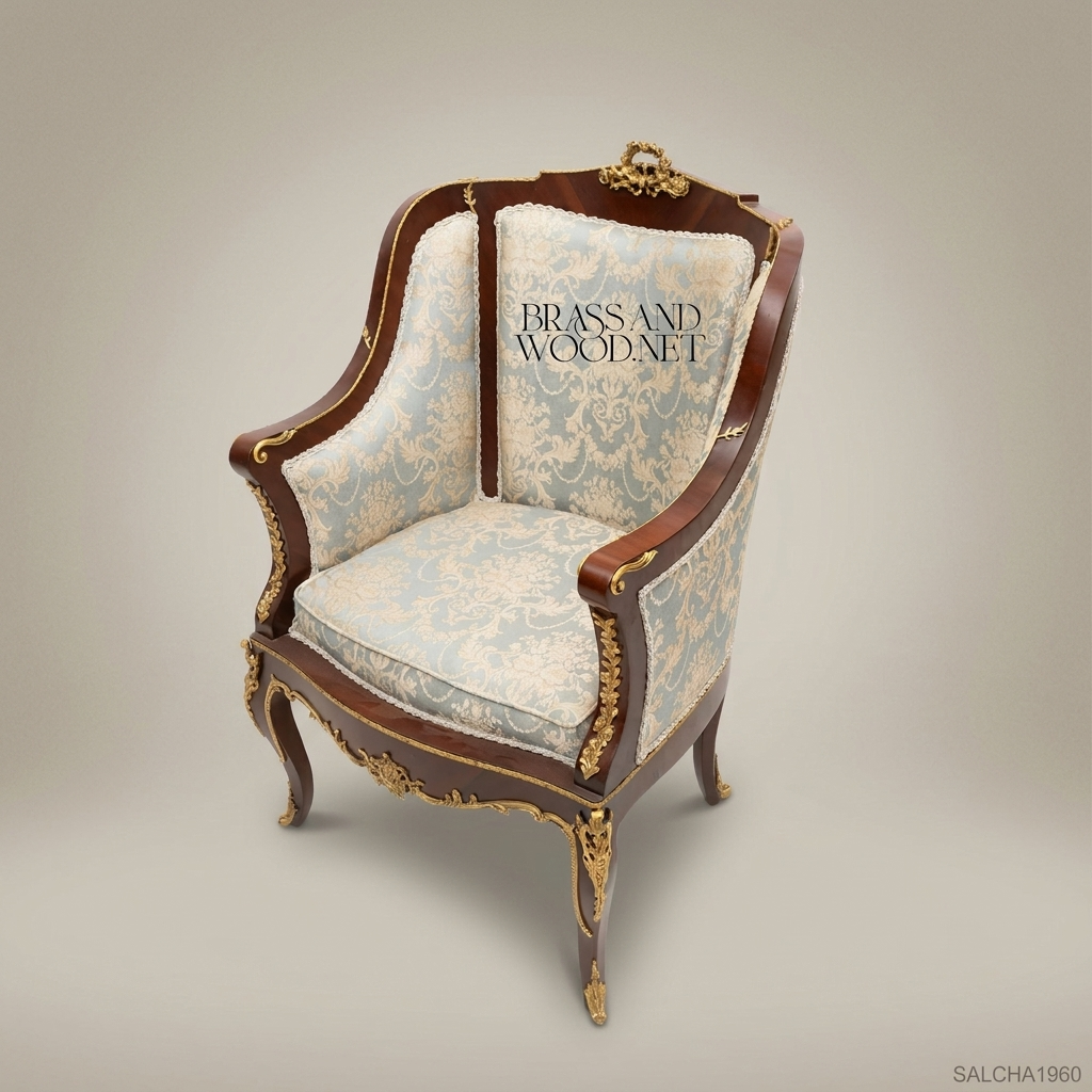 Louis XV Bergère Salon Chair with Gilt Bronze Mounts & Damask Upholstery
