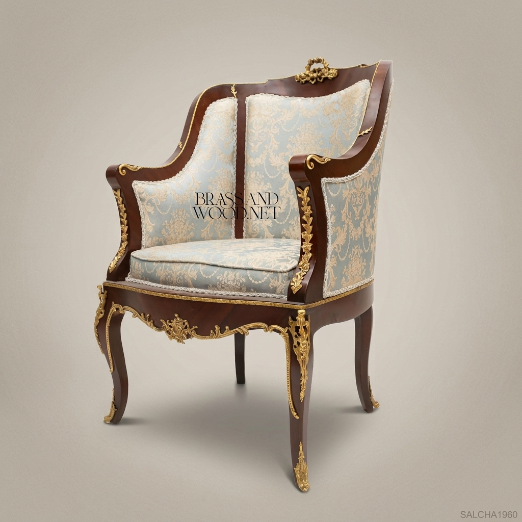 Louis XV Bergère Salon Chair with Gilt Bronze Mounts & Damask Upholstery