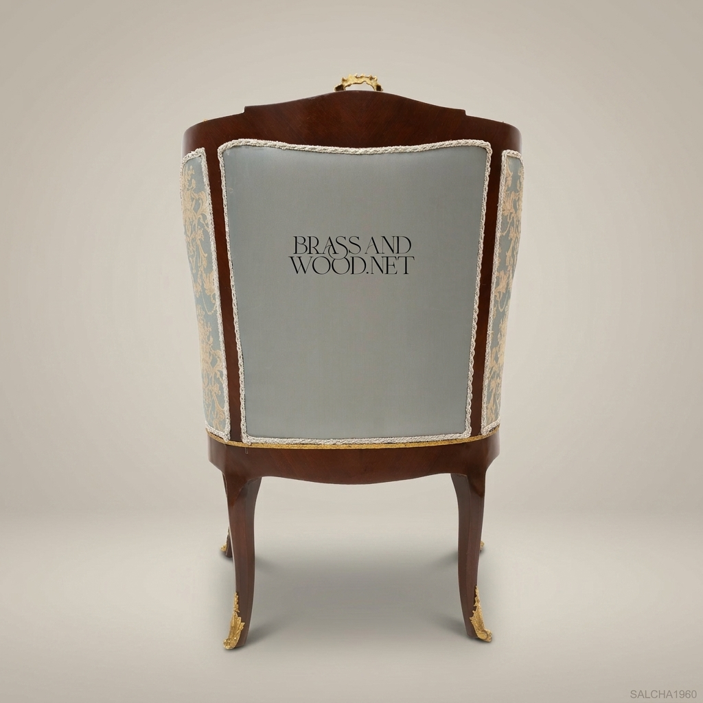Louis XV Bergère Salon Chair with Gilt Bronze Mounts & Damask Upholstery