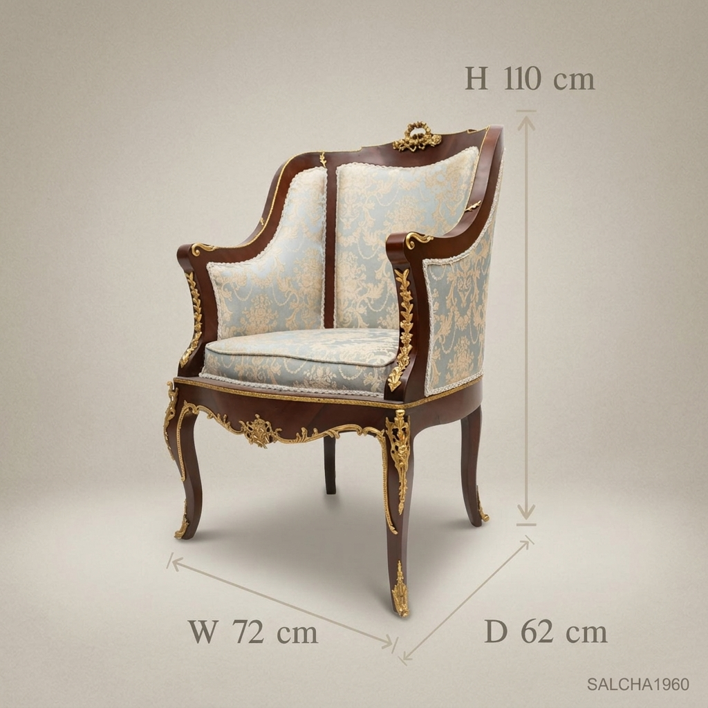 Louis XV Bergère Salon Chair with Gilt Bronze Mounts & Damask Upholstery