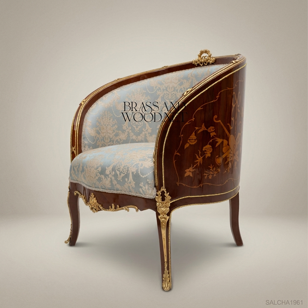 Louis XV Barrel Salon Chair with Gilt Bronze Mounts & Marquetry