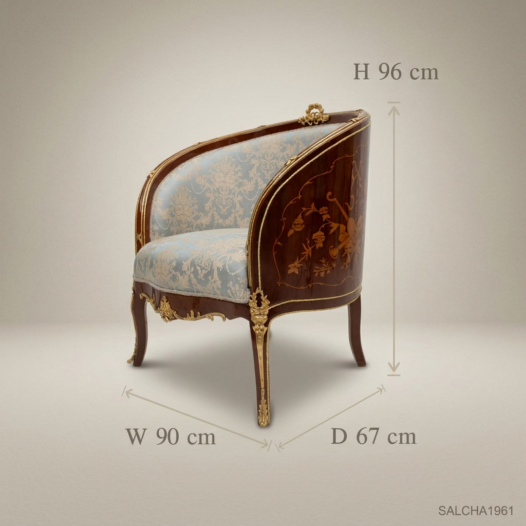 Louis XV Barrel Salon Chair with Gilt Bronze Mounts & Marquetry