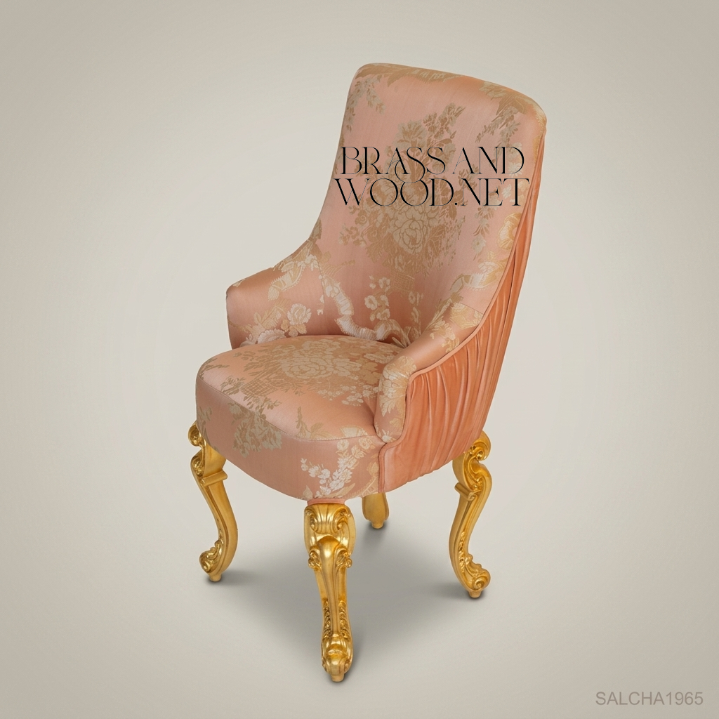 Napoleon III Rococo Revival High-Back Armchair - Gilt Cabriole Legs & Pleated Floral Jacquard