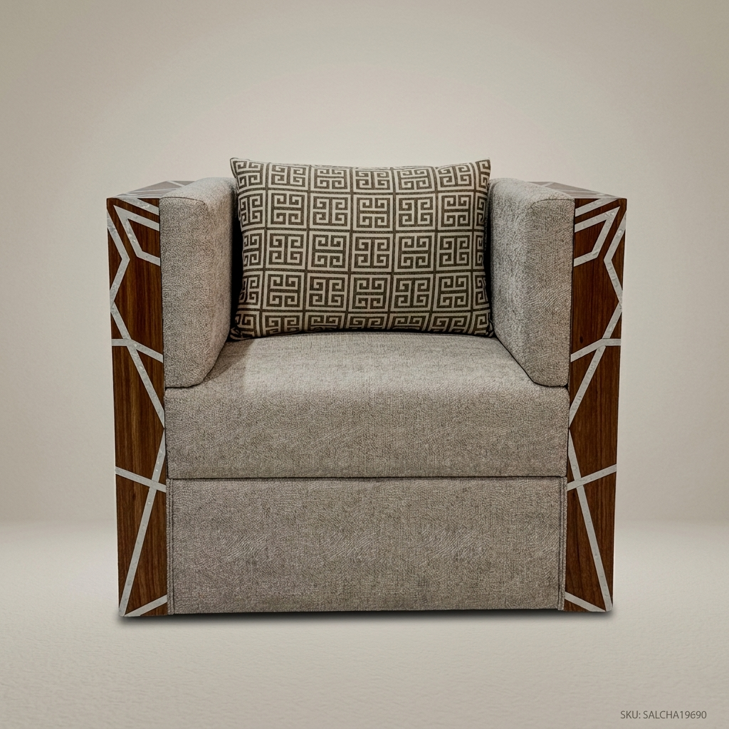 Contemporary Geometric Hardwood & Linen Salon Armchair