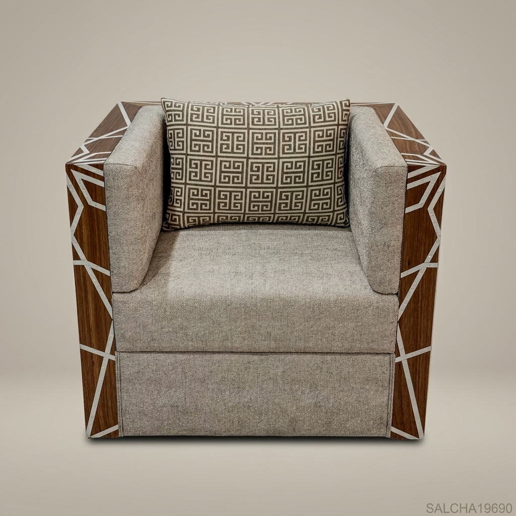 Contemporary Geometric Hardwood & Linen Salon Armchair