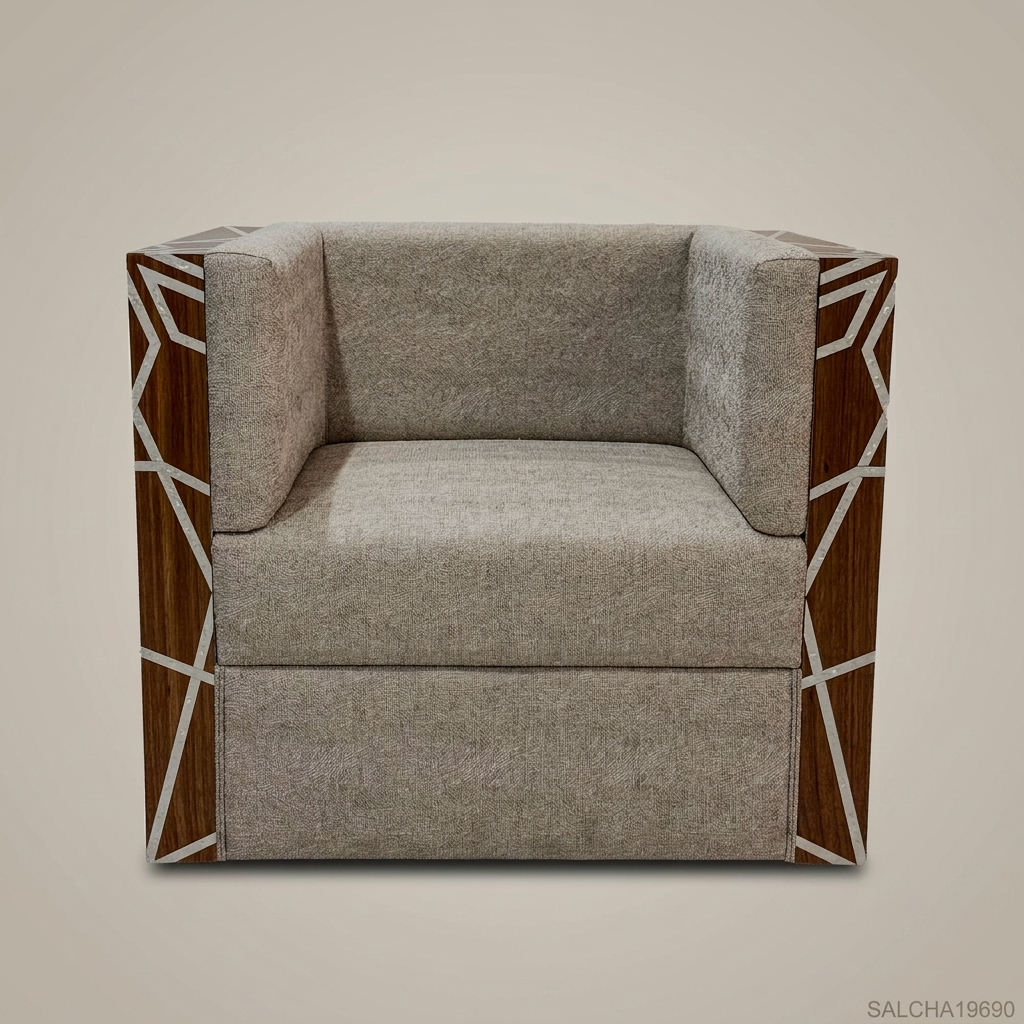 Contemporary Geometric Hardwood & Linen Salon Armchair