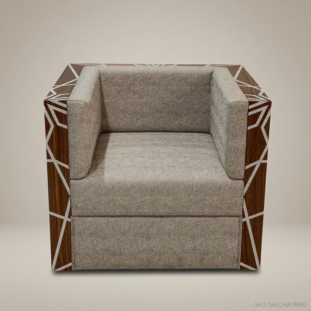 Contemporary Geometric Hardwood & Linen Salon Armchair
