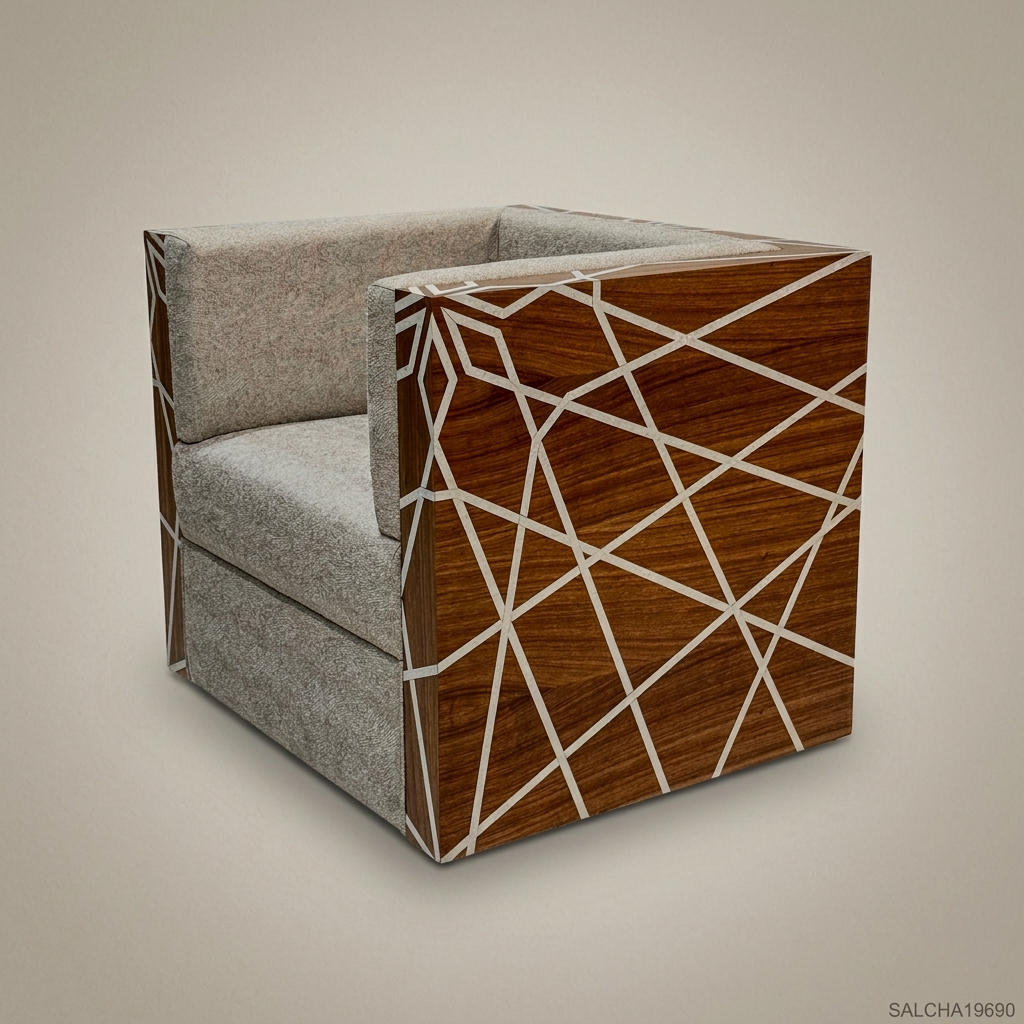 Contemporary Geometric Hardwood & Linen Salon Armchair