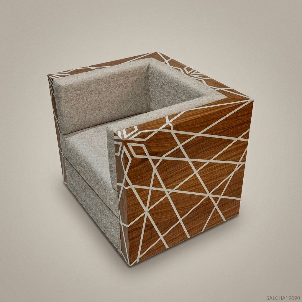 Contemporary Geometric Hardwood & Linen Salon Armchair