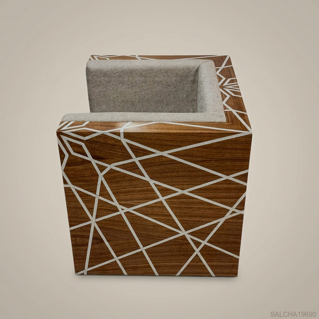 Contemporary Geometric Hardwood & Linen Salon Armchair