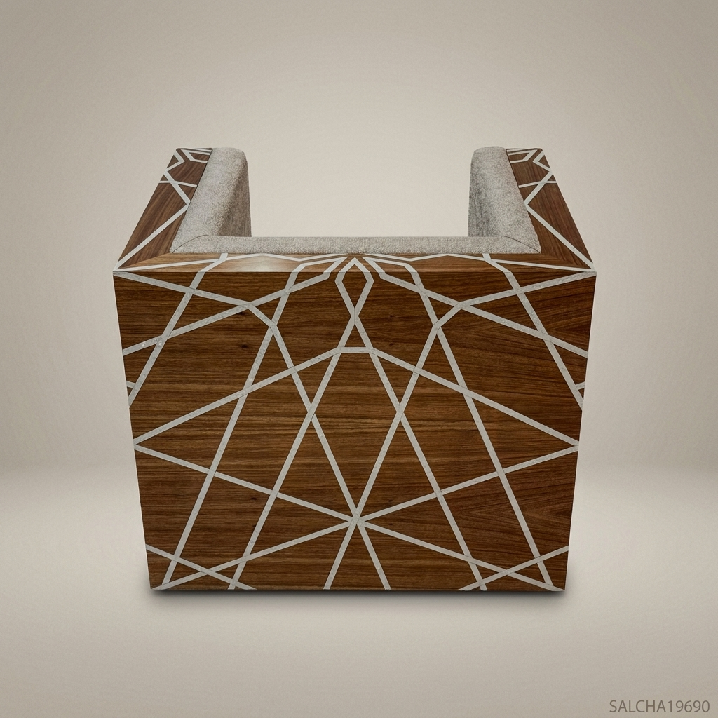 Contemporary Geometric Hardwood & Linen Salon Armchair