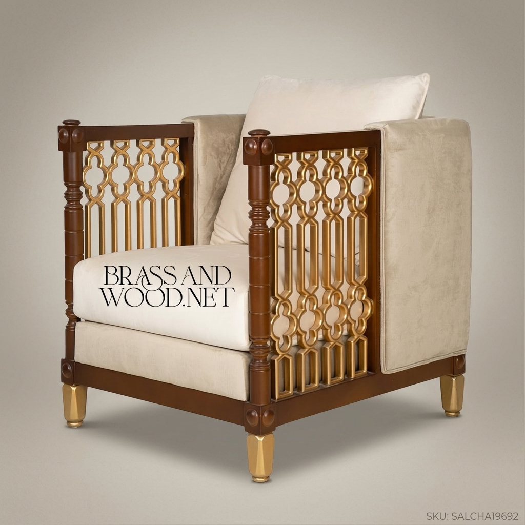 Neoclassical Salon Armchair with Gilded Lattice Panels & Brass Feet