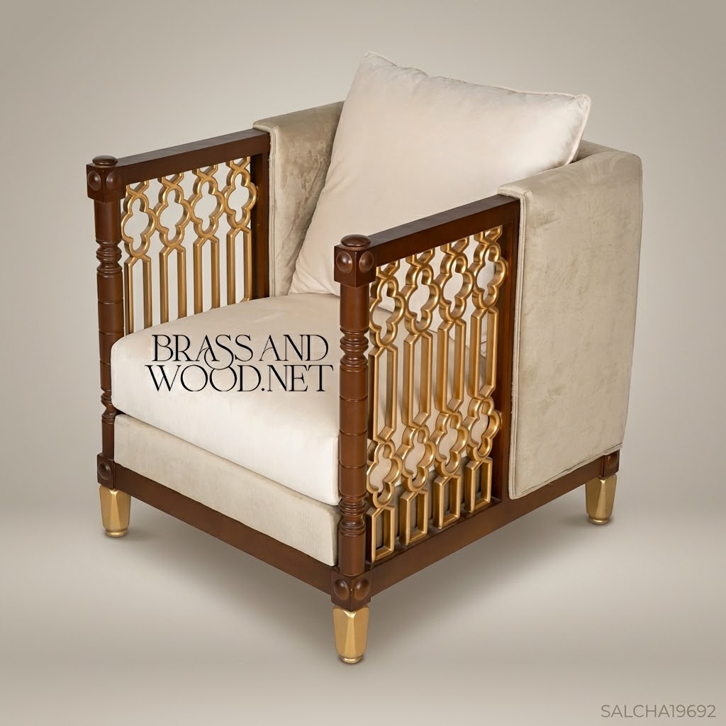 Neoclassical Salon Armchair with Gilded Lattice Panels & Brass Feet