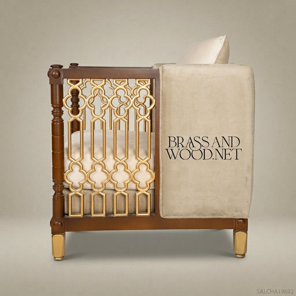 Neoclassical Salon Armchair with Gilded Lattice Panels & Brass Feet