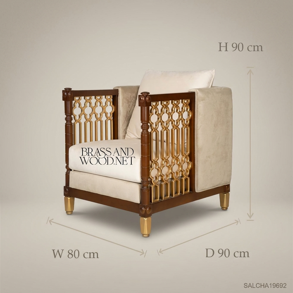 Neoclassical Salon Armchair with Gilded Lattice Panels & Brass Feet