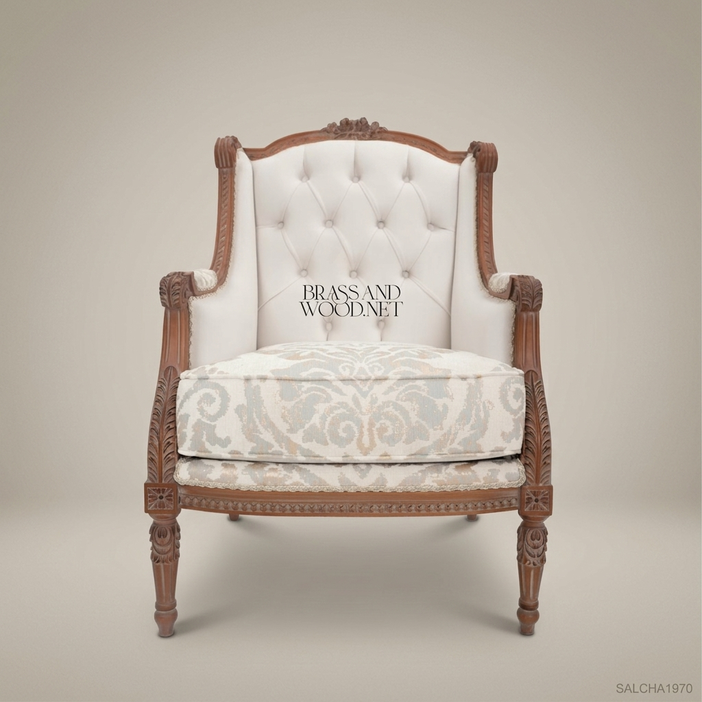 Louis XVI Bergère Salon Chair – Damask Seat & Button-Tufted Back