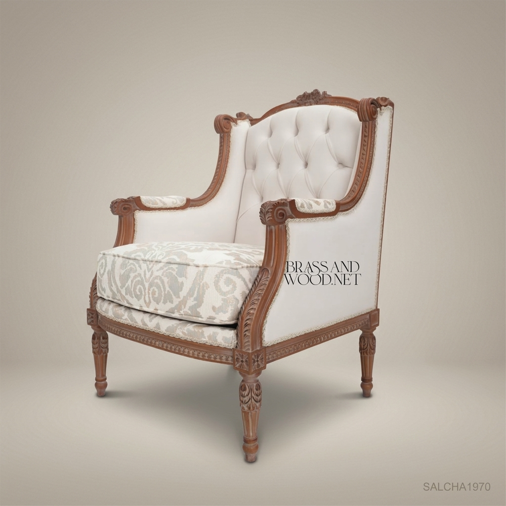 Louis XVI Bergère Salon Chair – Damask Seat & Button-Tufted Back