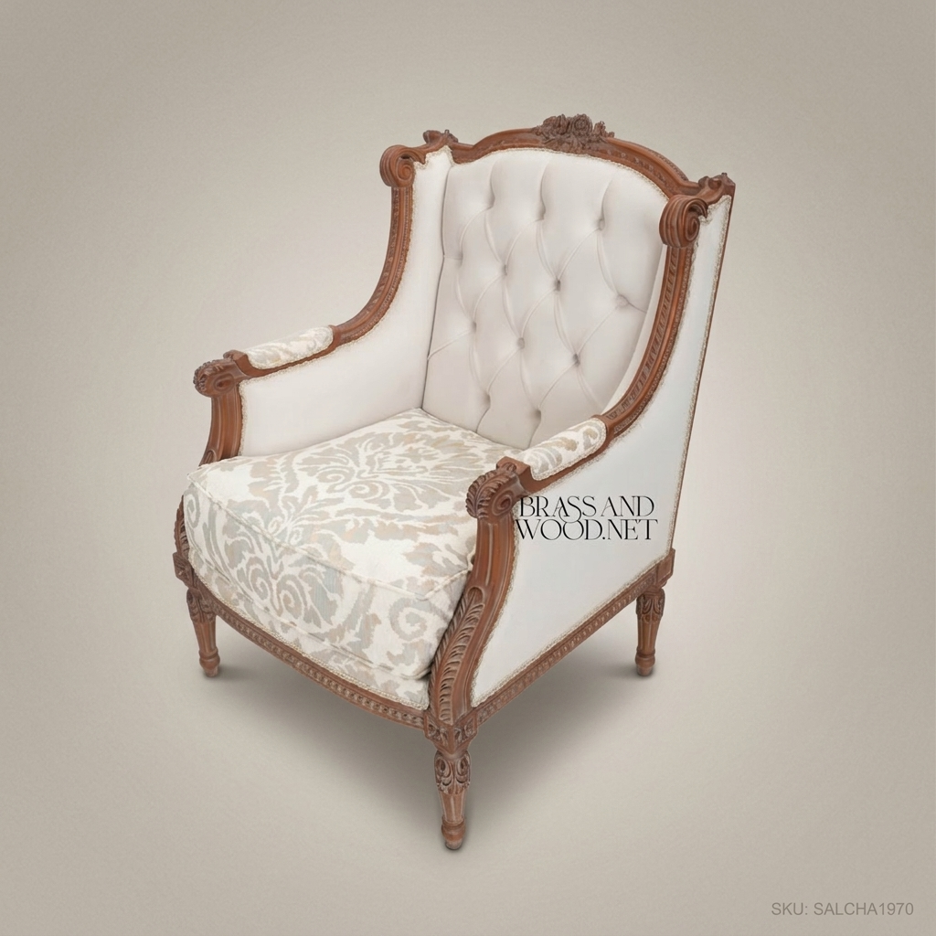 Louis XVI Bergère Salon Chair – Damask Seat & Button-Tufted Back