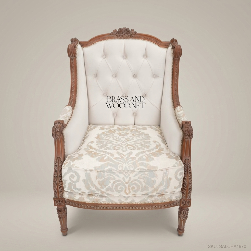Louis XVI Bergère Salon Chair – Damask Seat & Button-Tufted Back