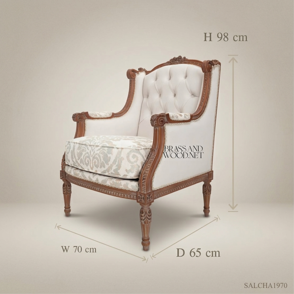 Louis XVI Bergère Salon Chair – Damask Seat & Button-Tufted Back