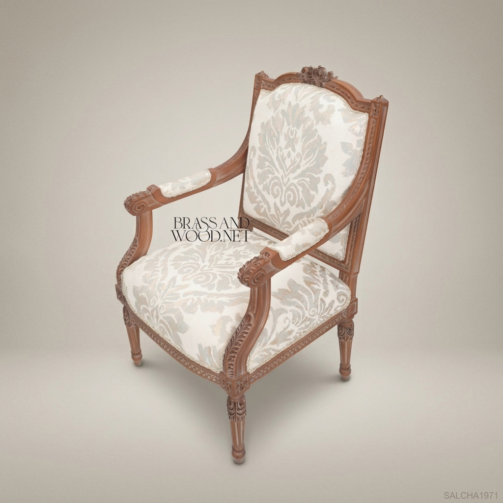 Louis XVI Salon Armchair with Damask Upholstery & Hand-Carved Frame