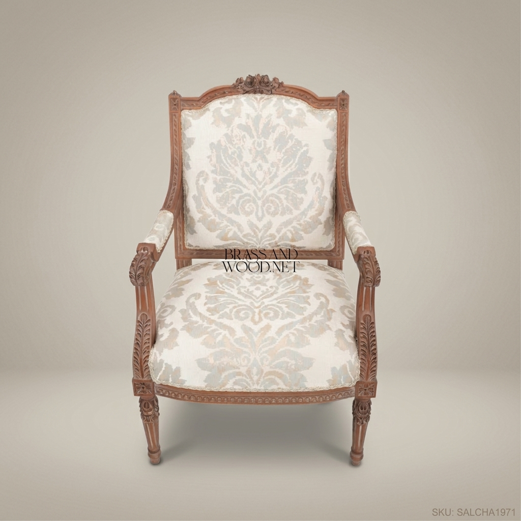 Louis XVI Salon Armchair with Damask Upholstery & Hand-Carved Frame