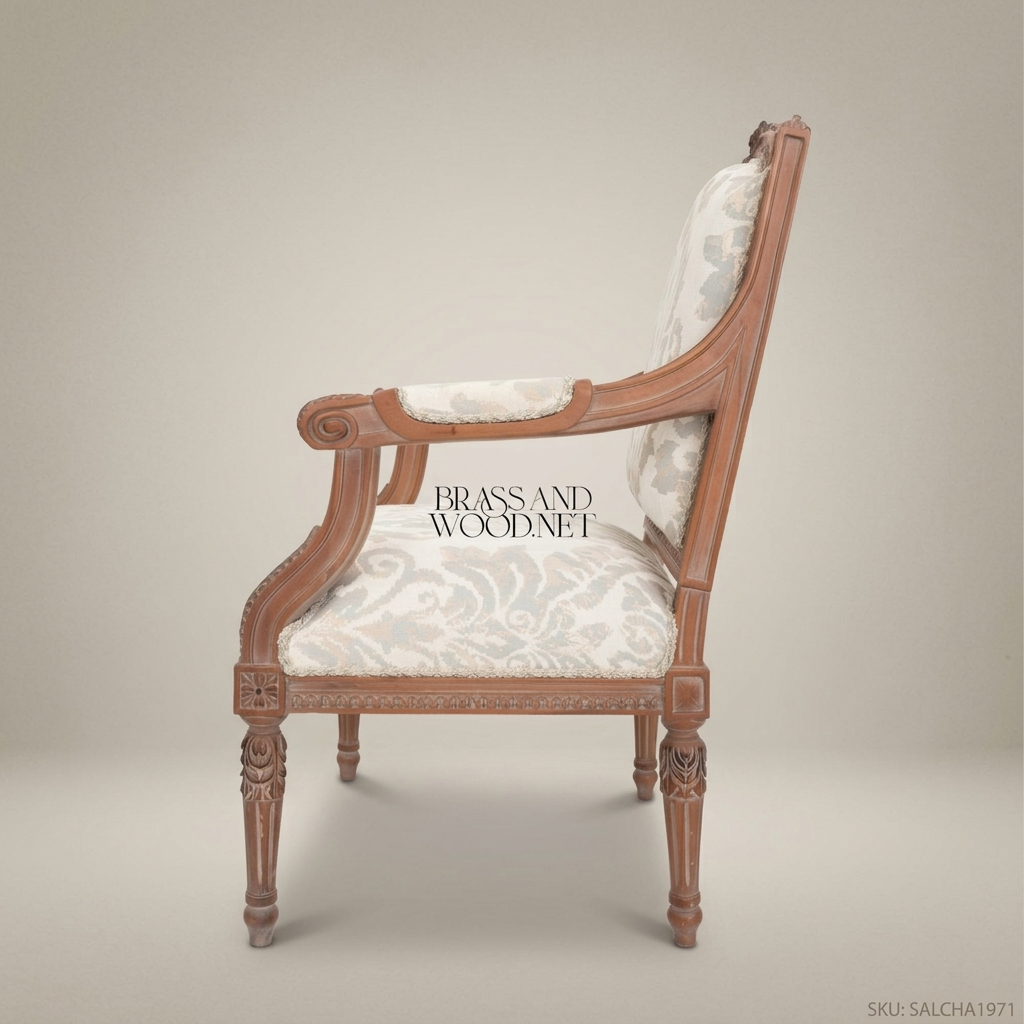 Louis XVI Salon Armchair with Damask Upholstery & Hand-Carved Frame