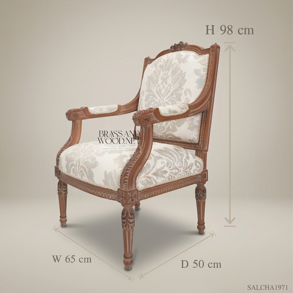 Louis XVI Salon Armchair with Damask Upholstery & Hand-Carved Frame