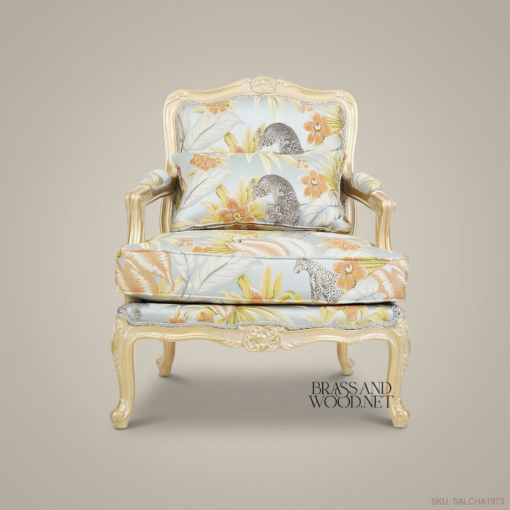 Louis XV Bergère Salon Chair – Tropical Floral Fabric & Ivory Lacquer Frame