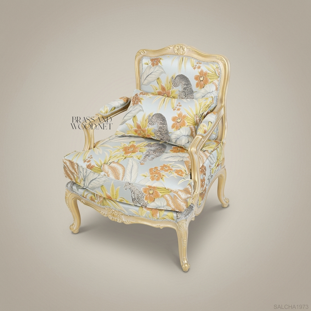 Louis XV Bergère Salon Chair – Tropical Floral Fabric & Ivory Lacquer Frame
