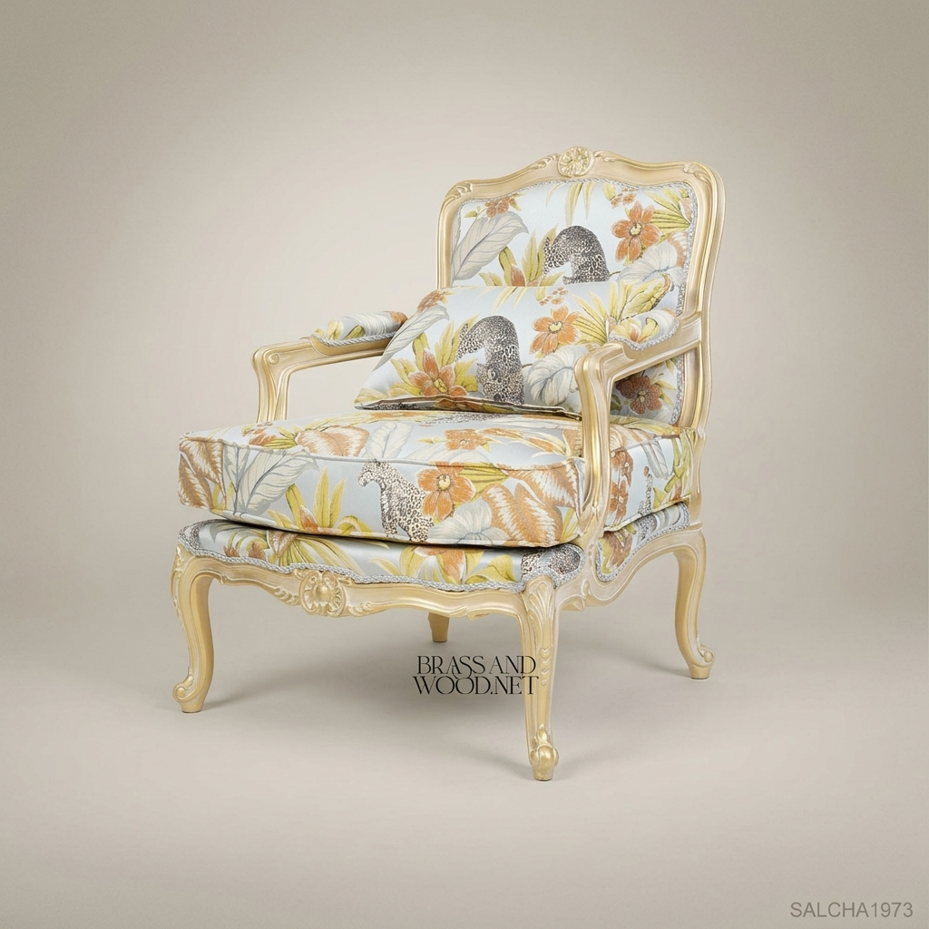 Louis XV Bergère Salon Chair – Tropical Floral Fabric & Ivory Lacquer Frame