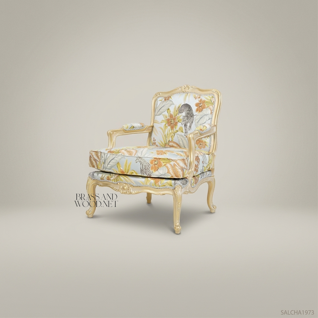 Louis XV Bergère Salon Chair – Tropical Floral Fabric & Ivory Lacquer Frame