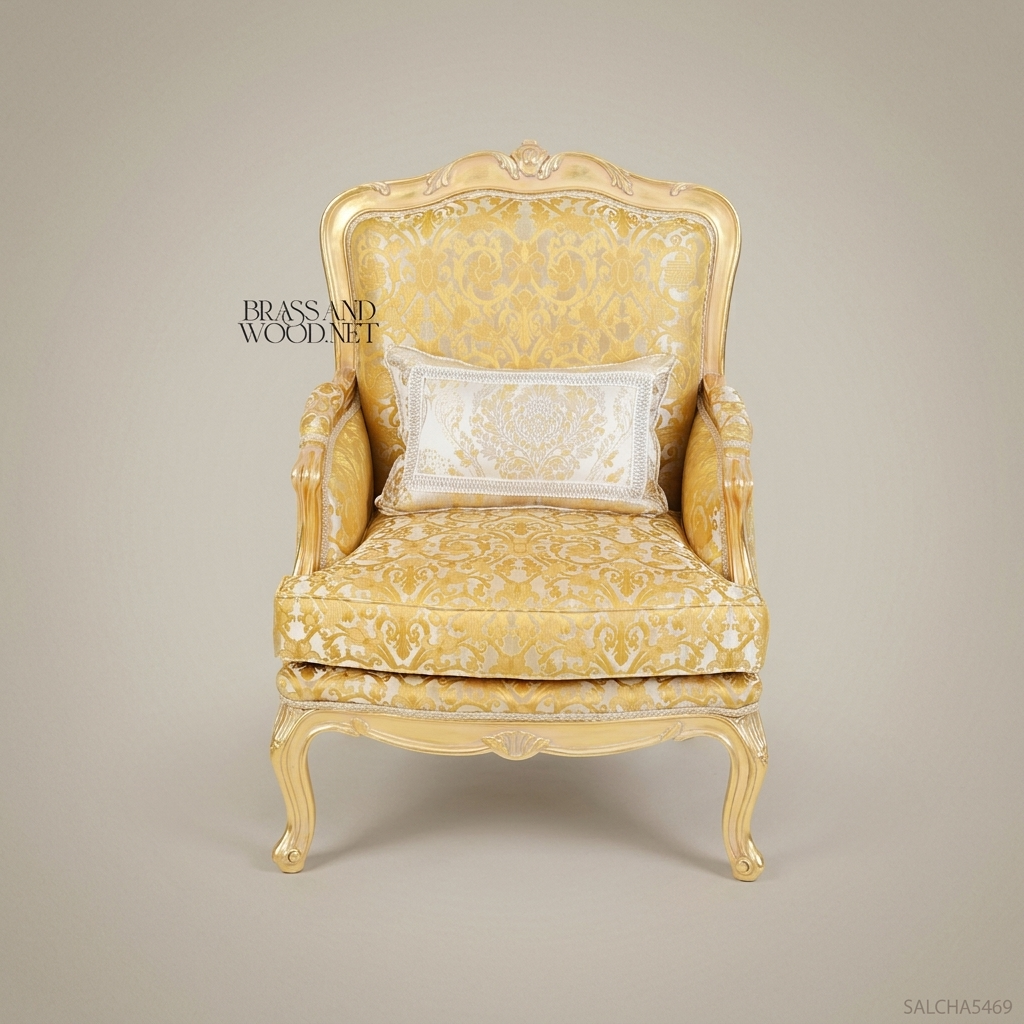 Louis XV Bergère Salon Chair – Gold Damask & Gilt Wood Frame