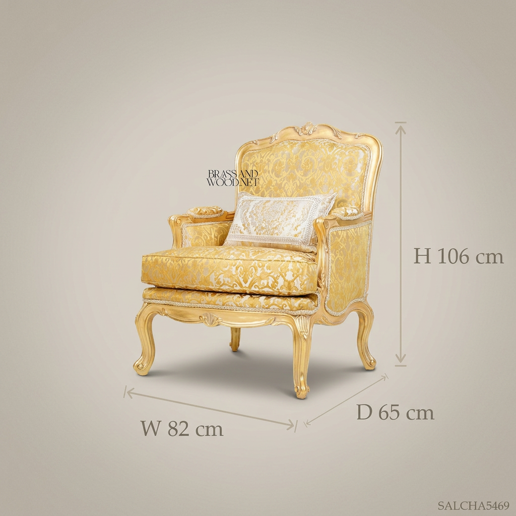 Louis XV Bergère Salon Chair – Gold Damask & Gilt Wood Frame