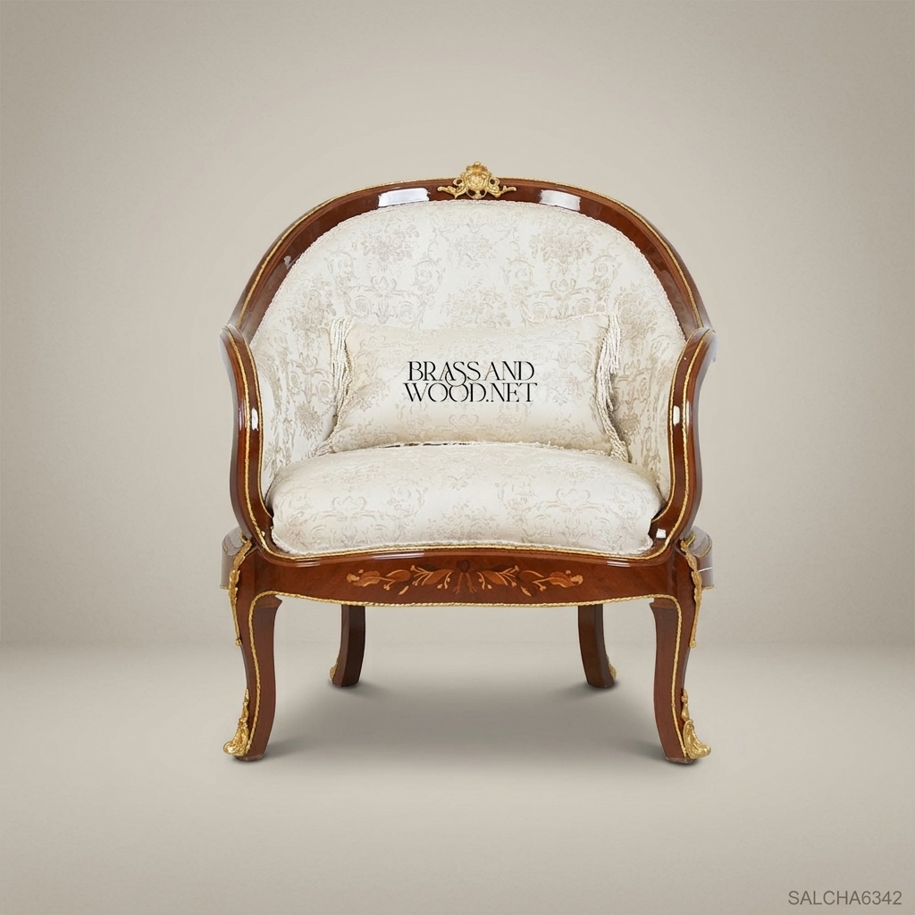 Louis XV Barrel Chair with Damask Upholstery & Gilt Wood Accents