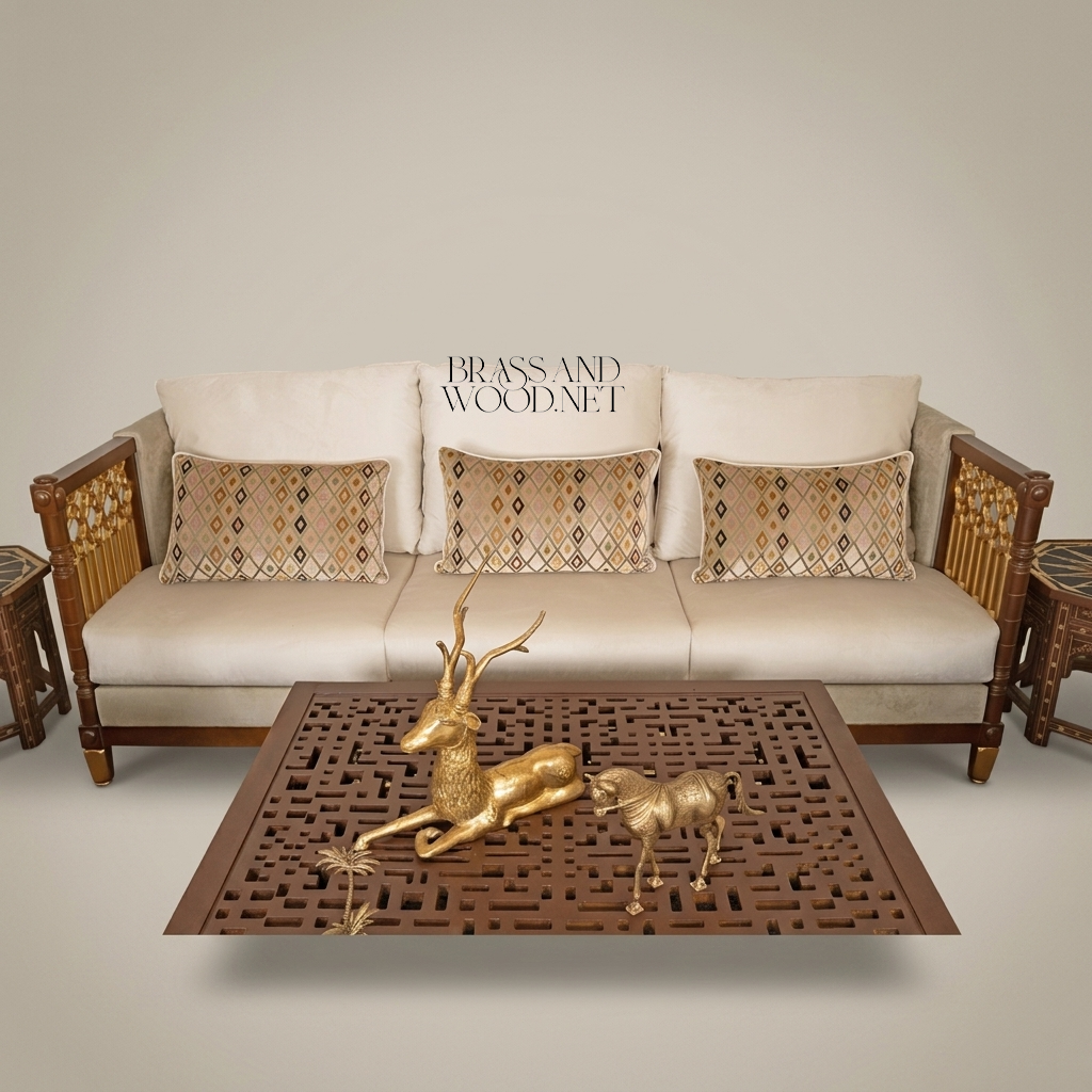 Arabesque Heritage Salon Set — Carved Wood & Gilt Brass Lattice