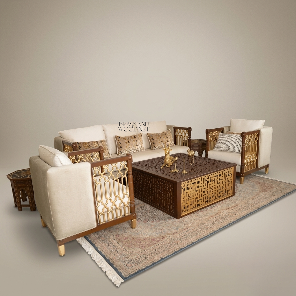 Arabesque Heritage Salon Set — Carved Wood & Gilt Brass Lattice