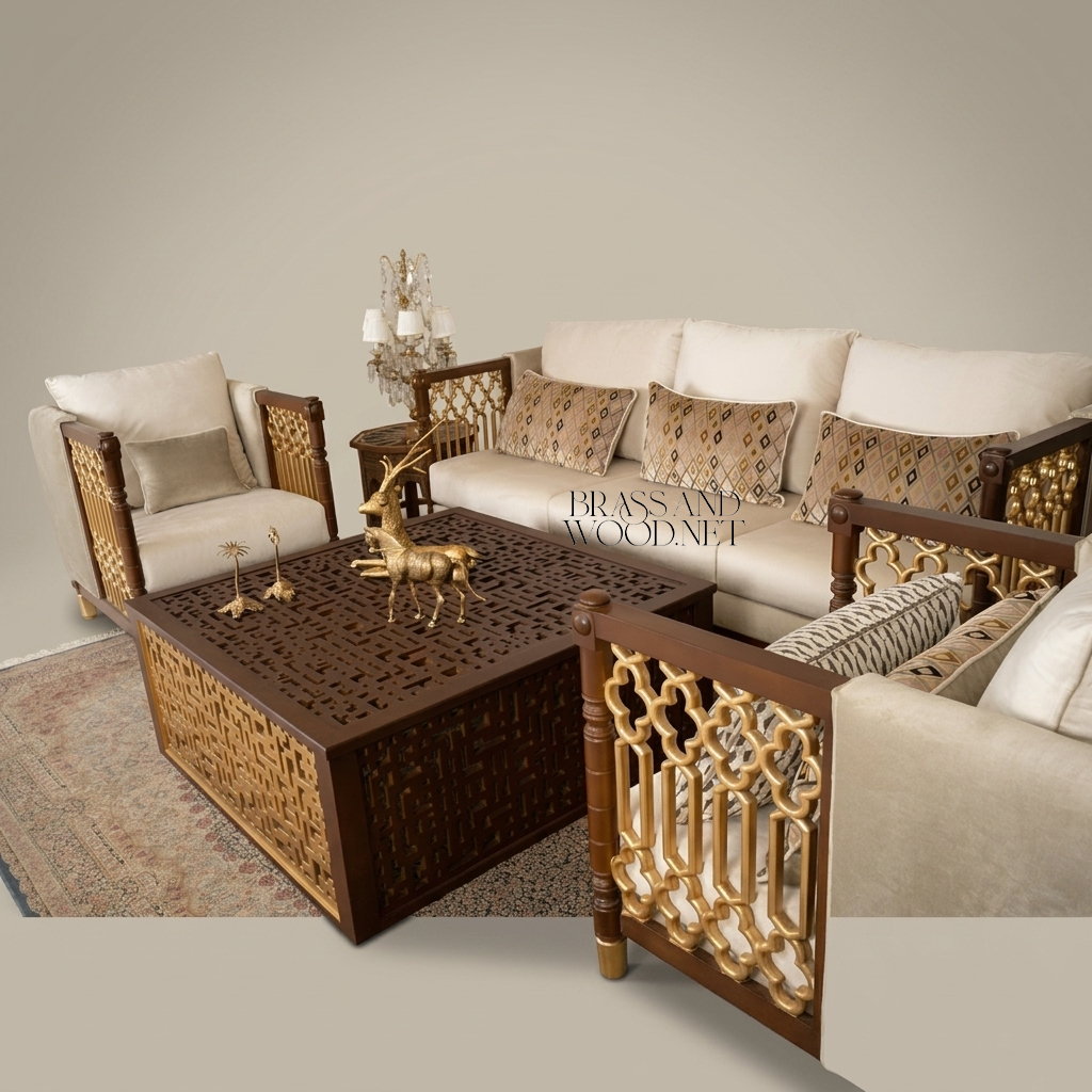 Arabesque Heritage Salon Set — Carved Wood & Gilt Brass Lattice