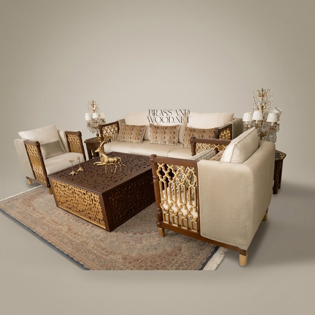 Arabesque Heritage Salon Set — Carved Wood & Gilt Brass Lattice