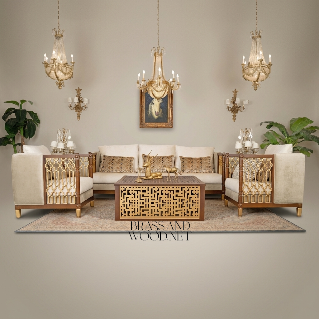 Arabesque Heritage Salon Set — Carved Wood & Gilt Brass Lattice